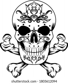 The black and white bones illustration with a day of the dead sugar skull