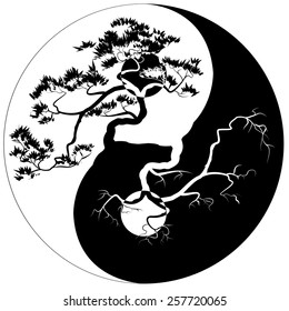 Black and white Bonsai tree on the Yin Yang symbol