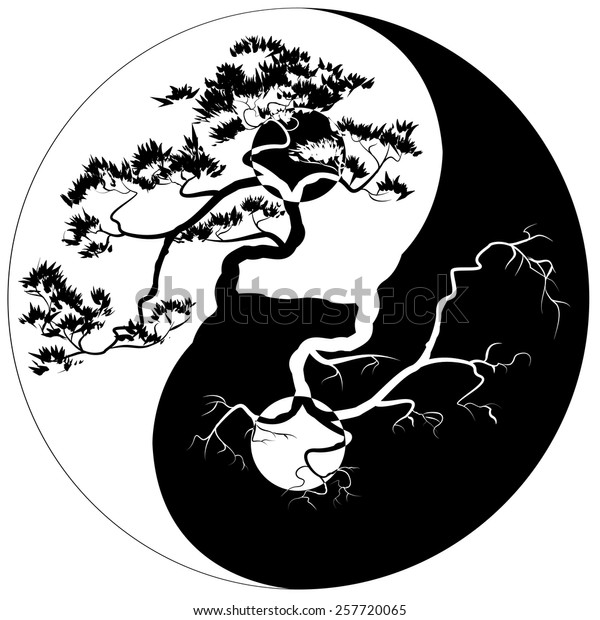 Schwarz Weisser Bonsai Baum Auf Dem Yin Yang Symbol Stock Vektorgrafik Lizenzfrei