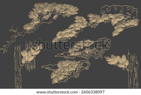 Black and white bonsai tree or pine tree elements. Japanese background with Asian traditional icon vector.  Natural art with brown background in vintage style.