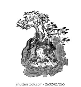 Schwarz-Weiß Bonsai Baum Skizze Illustration Design