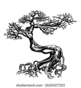 Schwarz-Weiß Bonsai Baum Skizze Illustration Design