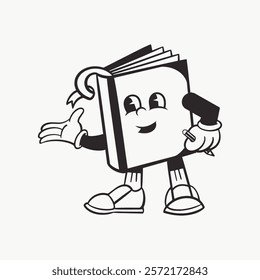 Black and white Book cartoon character vector illustration, Book character clipart, Retro Book cartoon character vector illustration. Retro character vector element