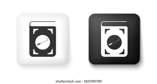 Black and white Book with cigarette icon isolated on white background. Square button. Vector.