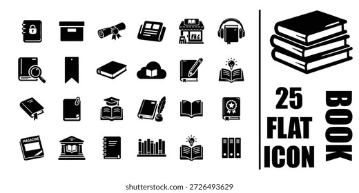 Schwarz-Weiß-Buch-Icon-Set Bildung Bibliothek lesen flache Vektorgrafik-Sammlung