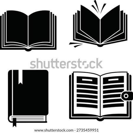 Black and white book icons vector illustration set featuring open, closed, bookmarked, and locked diary designs for reading, study, and journaling