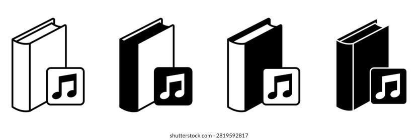 Black and white book with music note icon representing audiobooks and sheet music resources