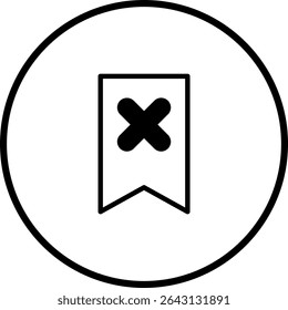 Schwarz-weißes Lesezeichen mit einem X innerhalb eines Kreises, minimalistische Vektorgrafik