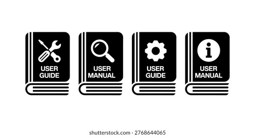Black and white of books with user guide and manual text and symbols user manual in white background