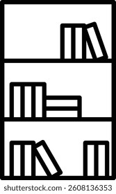 Black and white bookshelf line icon for reading, study, and education