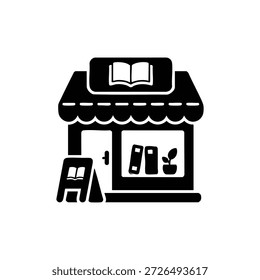 Fachada blanca y negra de la tienda del libro del Vector del icono de la librería con los libros y la muestra para el logotipo de la literatura de la educación y el diseño editorial