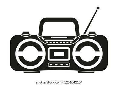 Black and white boombox silhouette. Audio entertament retro device. Media theme vector illustration for icon, logo, stamp, label, badge, certificate, leaflet, poster, brochure or banner decoration