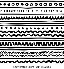 Black white border abstract vector seamless pattern with ink effect. Illustration contains hand drawn circles, lines, rectangles, elements, shapes, splats, splatter, geometry drawings