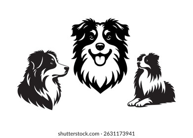 Black and white border collie dog silhouettes depicting different poses against white background