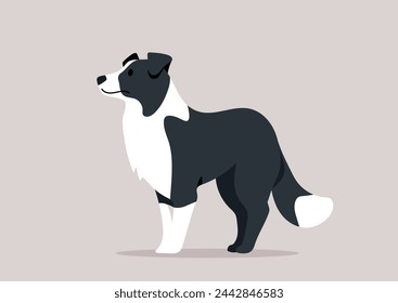 A black and white Border Collie standing alert and focused