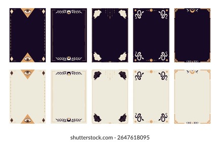 Black and white border frame templates for Tarot cards. Empty frames with space celestial elements and decorations. Vector illustration