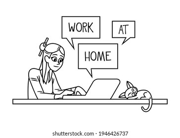 Black and white with border lines and cartoon style vector illustration, of a young woman working at home with a laptop, sitting in a desk and near a cat, with a text that says: Work at home.