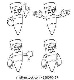 Black and white bored cartoon pencils with various gestures.