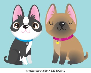 Un Boston Terrier negro y blanco y un Bulldog francés. Caricatura vectorial.
