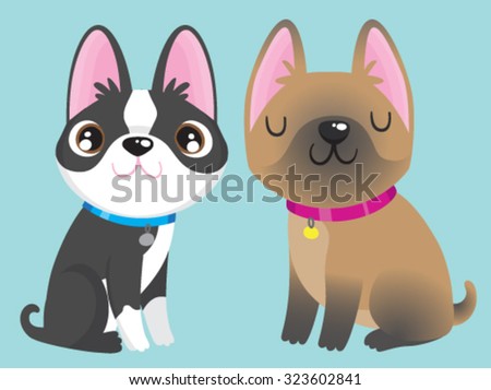 A black and white Boston Terrier and a fawn French Bulldog. Vector cartoon.
