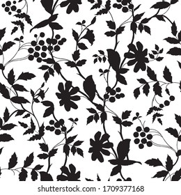 Black and white botanic background with chrysanthemum flowers and  leaves. Vector illustration. 