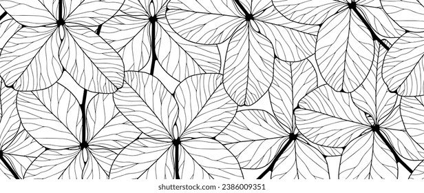 Black and white botanical background with clover leaves. Vector background for decor, wallpaper, covers, coloring pages.