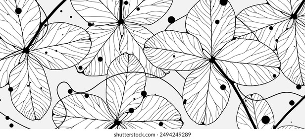 Black and white botanical background with clover leaves. Vector botanical illustration
