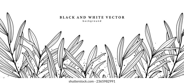 Black and white botanical background with small branches.
Vector background for creating wallpapers, covers, cards.