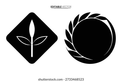Black and white botanical emblems featuring a leaf within a diamond and a laurel wreath