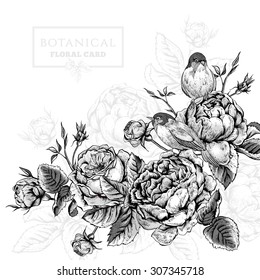 Black and white botanical floral card in vintage style with blooming english roses and birds, vector illustration