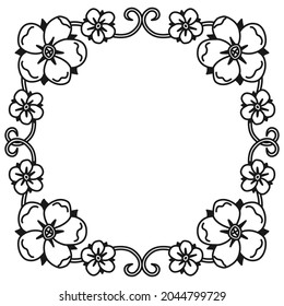 Black and white botanical gift card template. Round frame for handmade poster, banner or flyer. Coloring book page for adults and kids. Vector illustration.