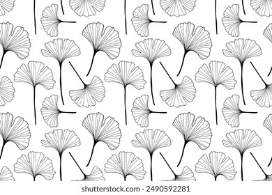 Black and white botanical ginkgo biloba seamless pattern. Vector illustration