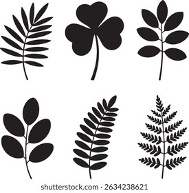 Black and white botanical illustration set featuring fern shamrock and leaf silhouettes