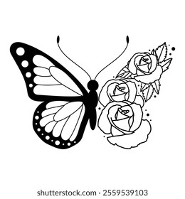 Black and White Botanical Logo Illustration, Floral Butterfly Wings and Flowers Blooming Daisies and Hearts