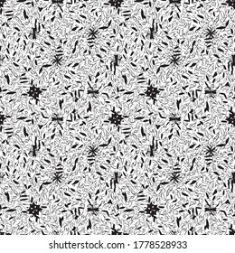 Black and white botanical ornament seamless vector pattern. Surface print design for fabrics, stationery, gift wrap, packaging, and backgrounds.