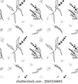 Black and white botanical pattern with handdrawn flowers of lavender for printing design on textile, paper, fabric. clothes.