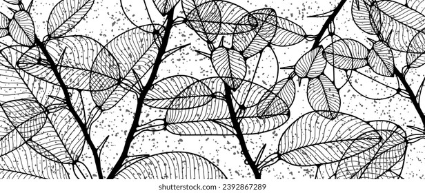 Schwarz-weißer botanischer Texturhintergrund, Poster, Banner, Tapete mit prickelnden Ästen und Blättern.