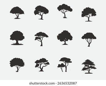 Black and white botanical tree silhouettes arranged in a clean symmetrical grid layout