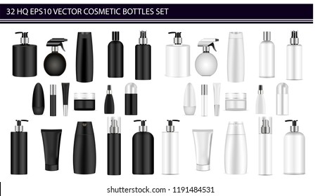 Black And White Bottle Mockup Set. Vector Illustration Blank Templates Of Empty Clean Black And White Plastic Jars: Bottles With Spray, Dispenser And Dropper, Cream Jar, Shampoo, Lotion, Soap, Tube.