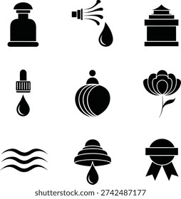 Black and white of bottles, droplets, flowers, waves, and a ribbon spray