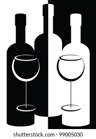 Black and white bottles and wine glasses