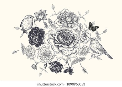 Black and white bouquet, birds and butterfly. Floral pattern. Blooming flowers roses and clematis. Vector illustration. Vintage. Floral decoration for cards, wedding invitations, congratulations.