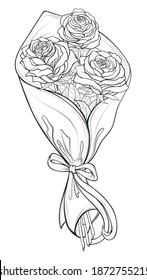 A black and white bouquet of garden tea roses wrapped with paper and bow. Fresh blooming buds with young leaves. Linear flowers for a gift. Greeting card decoration. 