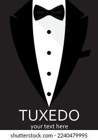 Black and white bow for men. Tuxedo with bow tie. Design for business card, flyer, invitation card, banner, advertisement. Gentleman's Club. Vector illustration