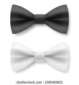 Black and White Bow Tie From Satin Material. Realistic Formal Wear for Gentleman Smoking Bow Tie Garment Accessory on White Background or Gentlemen Black Tie Party Club or Wedding Design