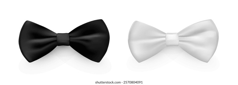 Black and white bow tie set. Bowtie for business suit. Classic silk or satin neckties vector illustration. Realistic gentleman luxury fashion element of costume for ceremony, wedding, party.