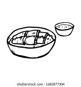 black and white Bowl of eel and rice, Japanese traditional food, kabayaki, vector doodle arts