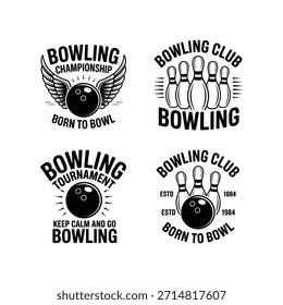 Black and white bowling emblems featuring balls, pins, and related text for clubs and events.