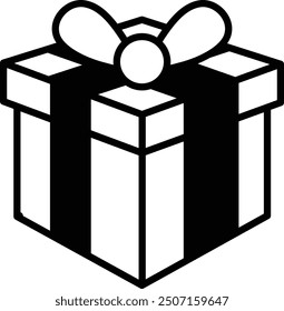 A black and white box with a white bow on top. The box is empty and has a simple design