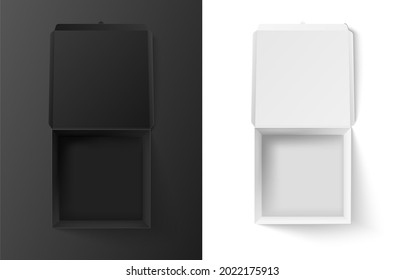 Black And White Box Mockup. Open Realistic Cardboard Of Squared Shape. Paper Empty Package For Delivery Or Gift. Carton 3d Container Top View. Isolated Parcel For Post Office Shipping Vector